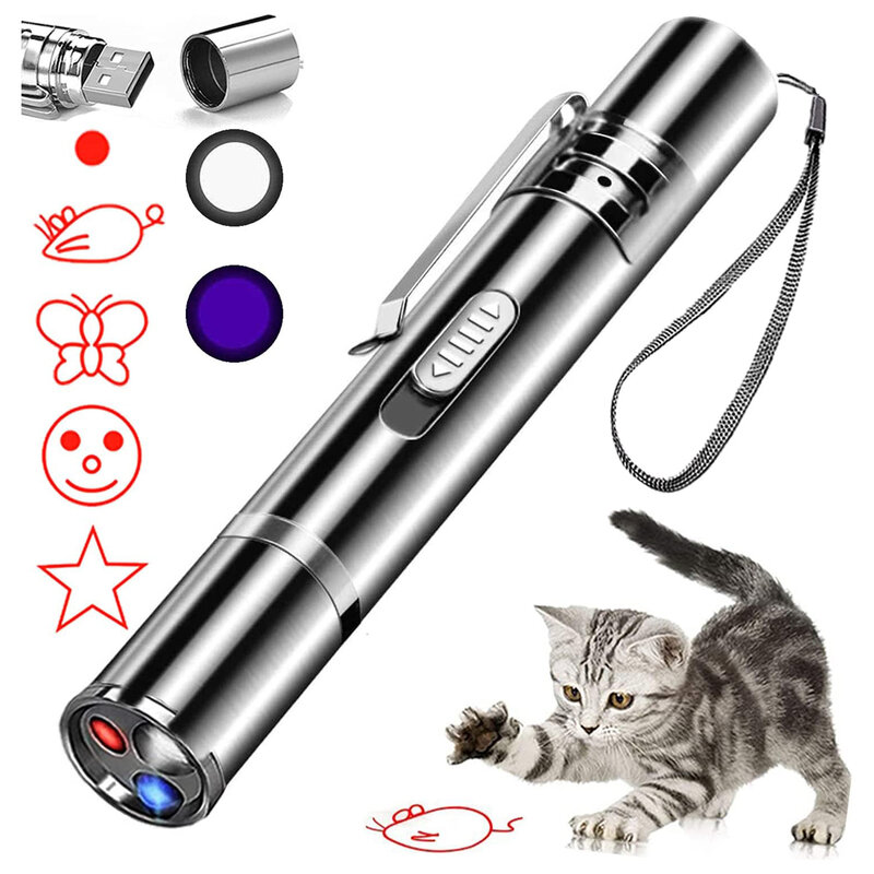 Puntero láser de luz LED roja para gatos, juguetes para perros de interior, largo alcance, 5 modos, pinzas, corralito de proyección, recarga USB