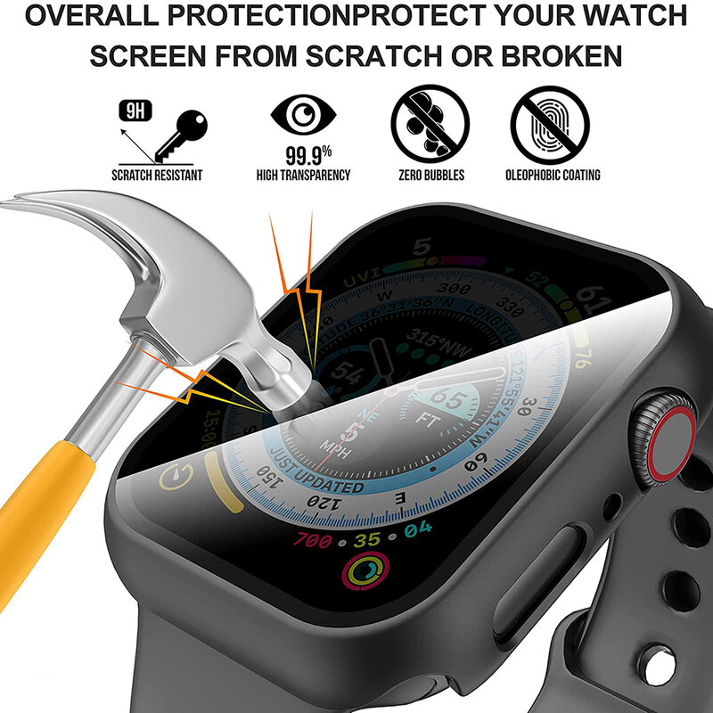 Privacy Glass+Case For Apple Watch 45mm 41mm 44mm 40mm Tempered Anti-Peeping Screen Protector For iWatch 8 7 6 5 4 SE 9 Cover