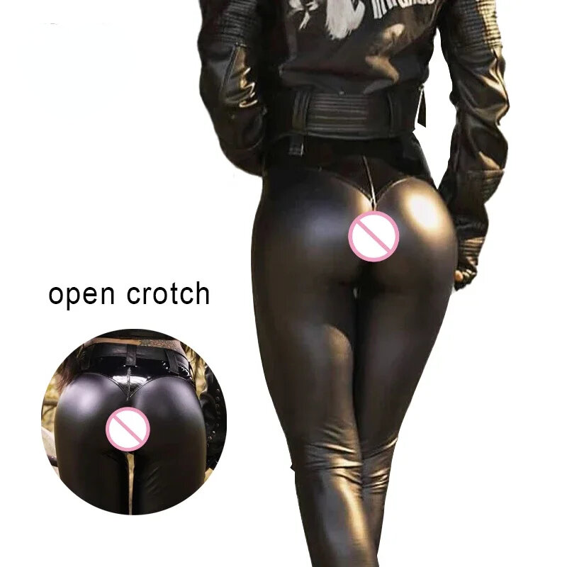 Woman Sexy Open Crotch PU Pants Black Gothic Punk  Leather Crotchless Trousers Elastic Booty Tight Double Zipper Streetwear Club