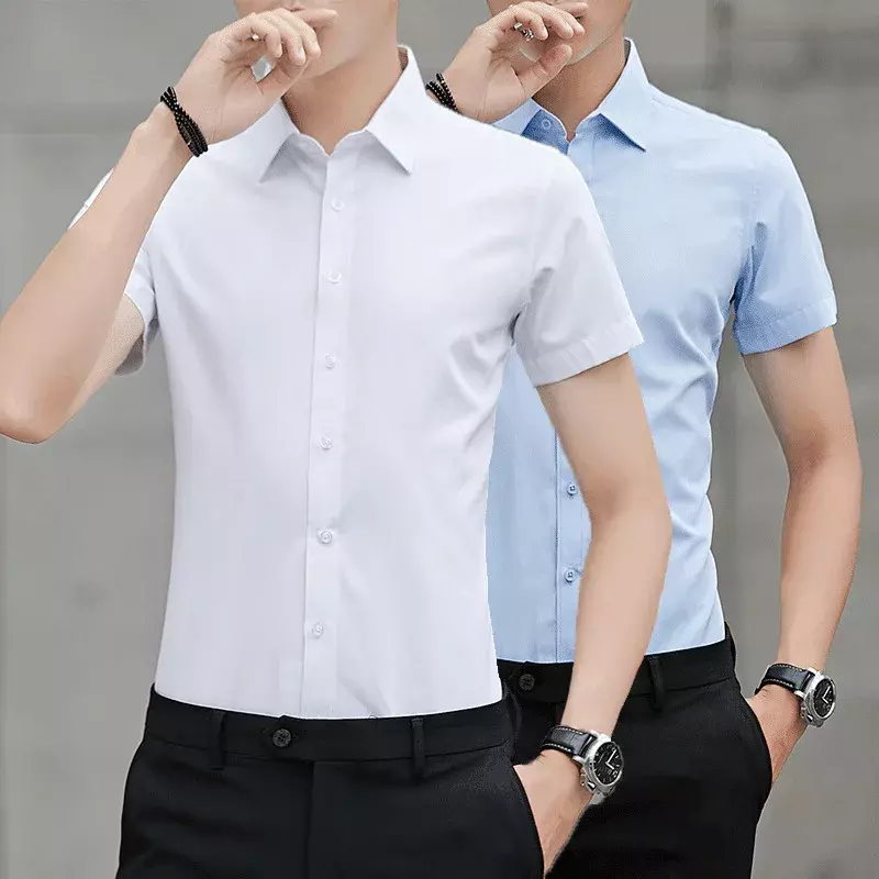 Рубашка мужская приталенная с коротким рукавом, модная сорочка тонкая черная, не гладить, однотонная Молодежная, лето 2024