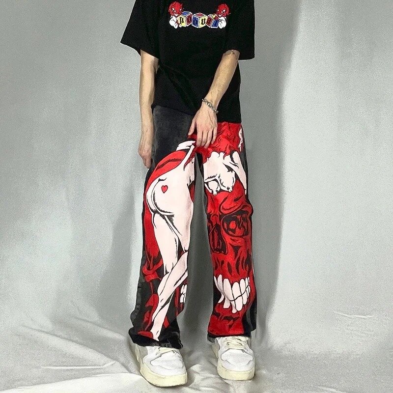 Amerykański retro dżinsy z nadrukami, ponadgabarytowe, hip-hopowe spodnie w stylu Harajuku w stylu ulicznym luźne rock and roll luźny, modny