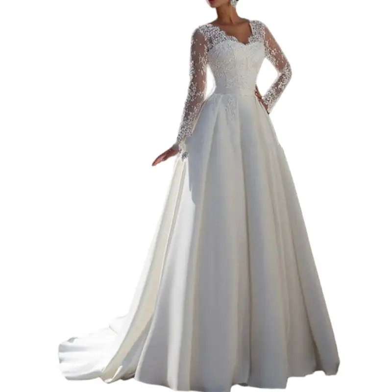 Elegante vestido de noiva chiffon, v colar, see-through net, ombro duplo, sem encosto, decalque, trem grande, 2024