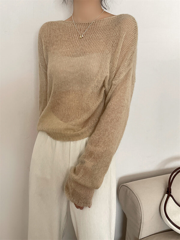 LANMREM Sweater rajut wanita, Pullover tipis lengan panjang warna Solid transparan atasan 2024 musim semi musim dingin 2R4360