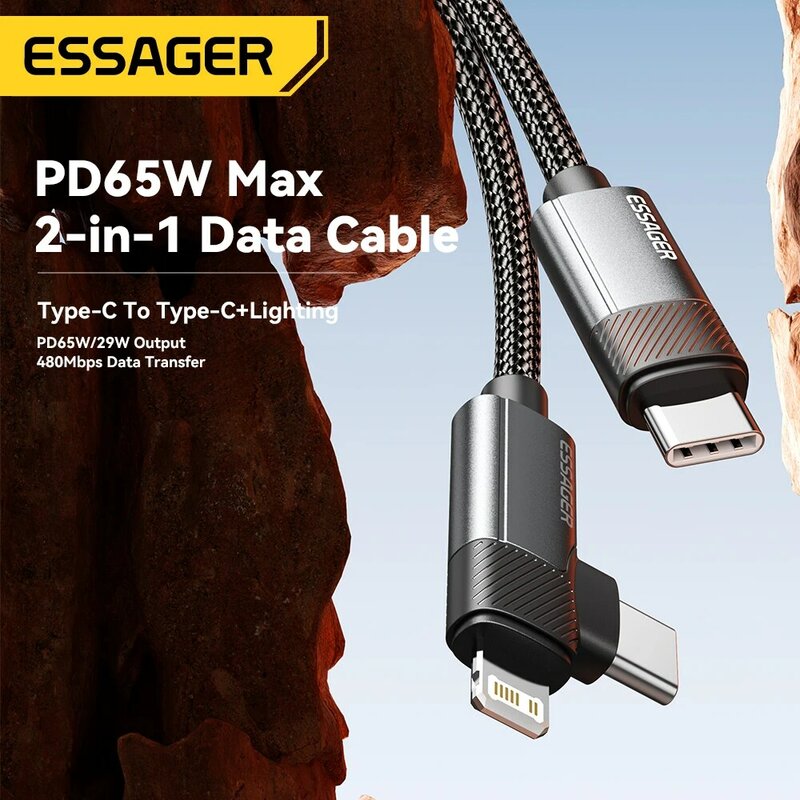 Essager-Cable de datos de codo de carga rápida, Cable de ángulo recto 2 en 1, PD, 65W, 29W, para iPhone 15, 14, 13, MacBook, Lenovo, Asus, Dell, iPad Pro