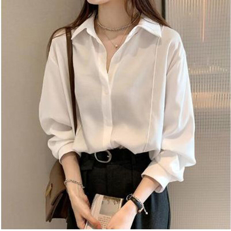 Camicia da donna camicetta oversize allentata tinta unita bianca camicetta con bottoni da donna allentata coreana 4 colori M-4XL