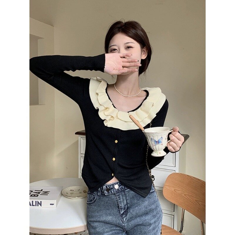 Lotus Collar Color Matching Long Sleeved Knitted Sweater for Women's Summer 2024 New Slim Fit French Long Sleeved Cardigan