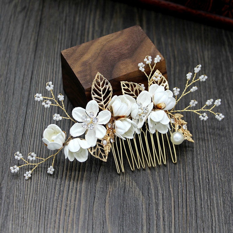 Biżuteria do włosów ślubne włosy grzebień sztuczne kwiat i liść nakrycie głowy z gładkimi zębami dla druhny ślubne randki dekoracja głowy