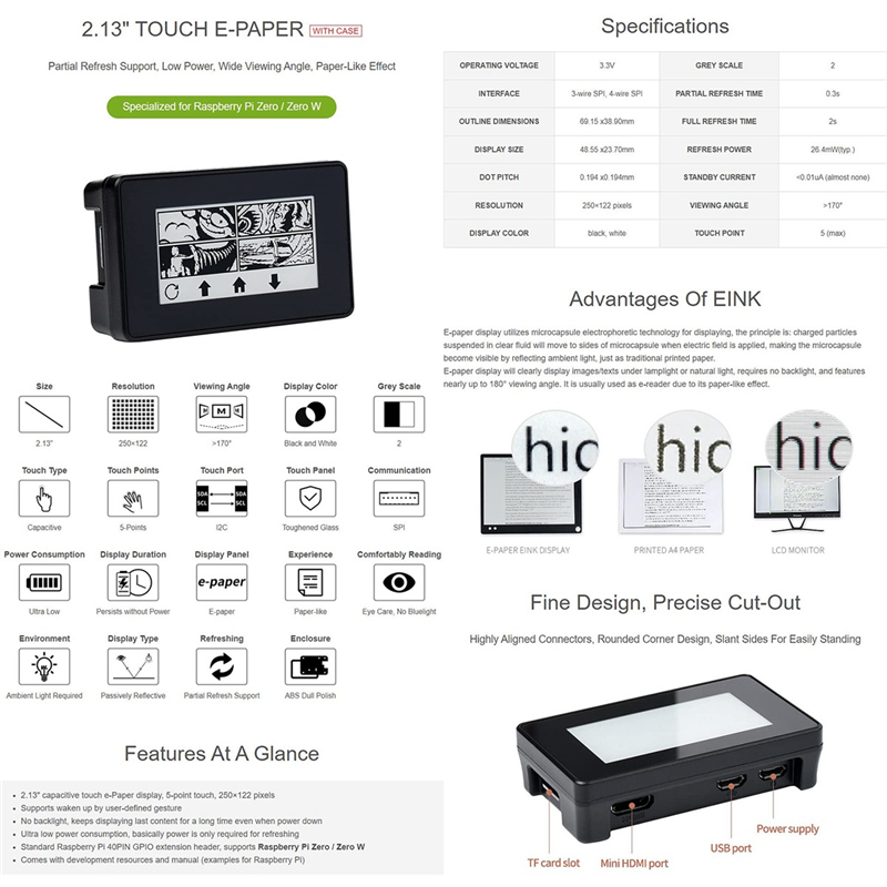 2.13Inch Touch E-Paper E-Ink Display Voor 250X122 Pixels Ondersteunt Gedeeltelijke Verversing Met Beschermhoes
