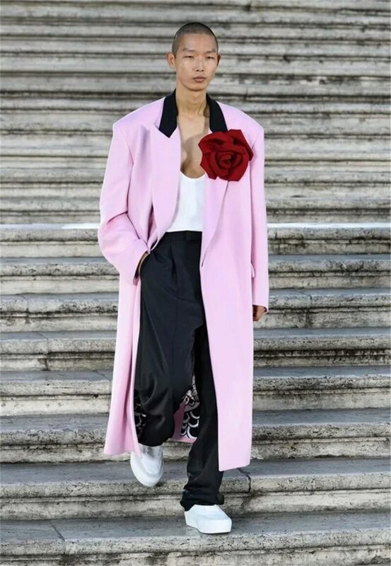 Long Pink Men Suits Pants Set 2 Piece Blazer+Black Trousers (No Flower) Groom Wedding Tuxedo Prom Coat Custom Made Jacket