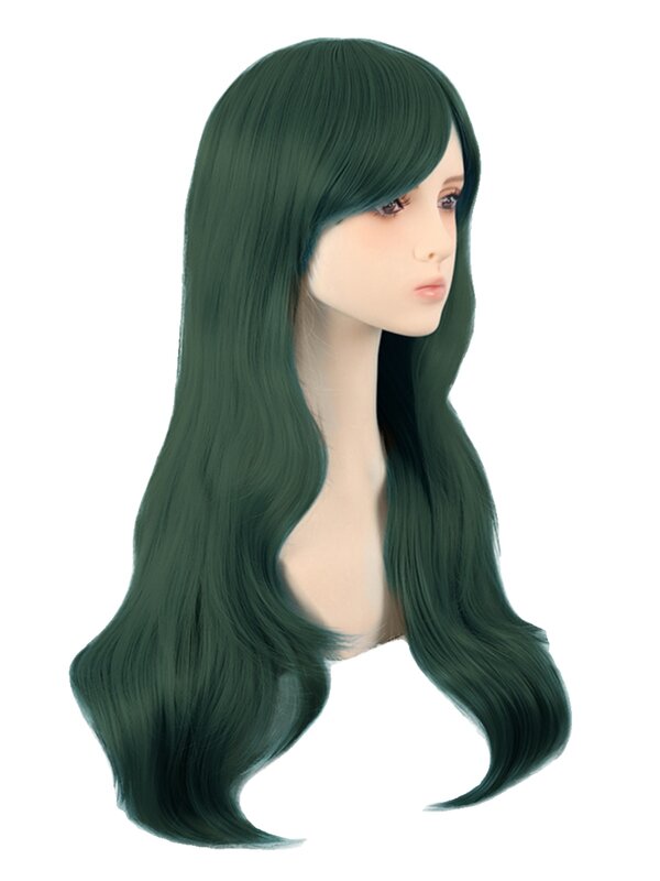 Cos peluca femenina micro-rizada de pelo largo Anime, fibra de alta temperatura, flequillo lateral verde oscuro, tocado Universal de 70cm