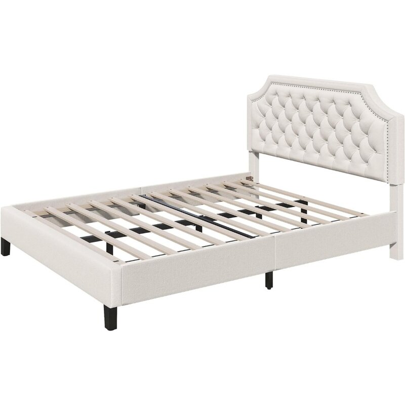 Marco de cama de plataforma tapizada de lino Beige con cabecero de uñas, Bases y marcos, muebles para niños