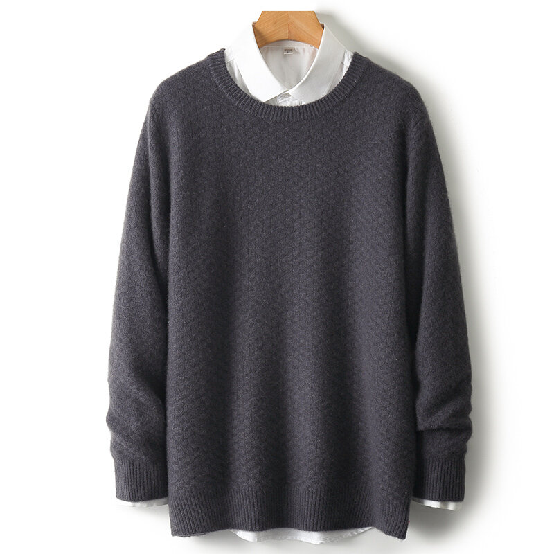 Sweater 100% rambut kambing murni, sweater rajut leher bulat, sweater kasual dengan bawahan untuk pria
