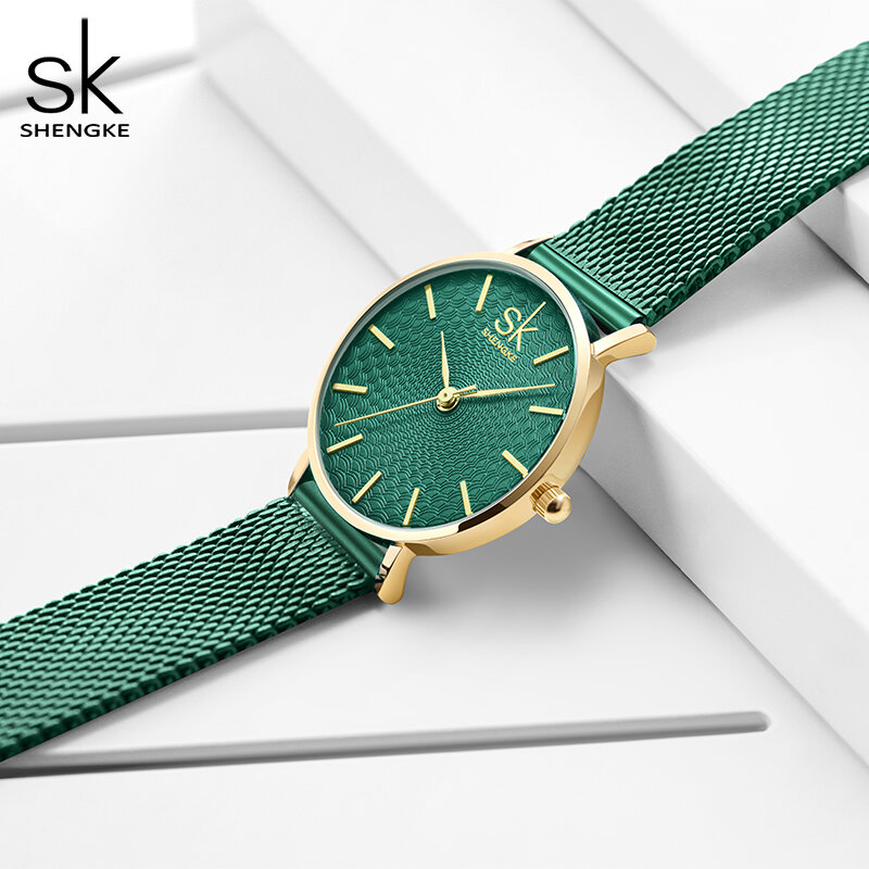 Shengke – Montre pour femmes, cadran vert, mode, mouvement à Quartz japonais, Slim, bracelet réglable