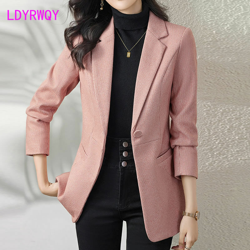 2023 Houndstooth Blazer women's new style temperament fashion slim woolen pink small suit Blazers