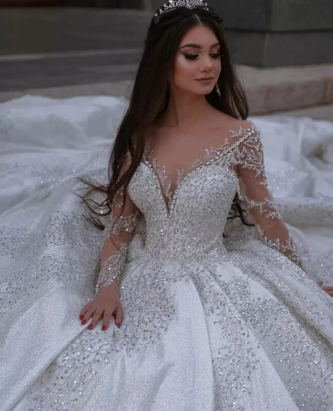 A Line Crystal Wedding Dresses V Neck Lace Long Sleeve Bridal Gowns Elegant Wedding Dress robes de mariée