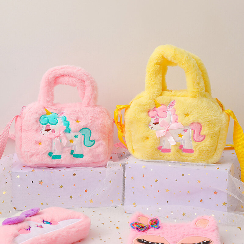 Kid Embroidery Plush Crossbody Purses And Handbags Little Girls Rainbow Fluffy Purse Cute Cartoon Furry Shoulder Bag