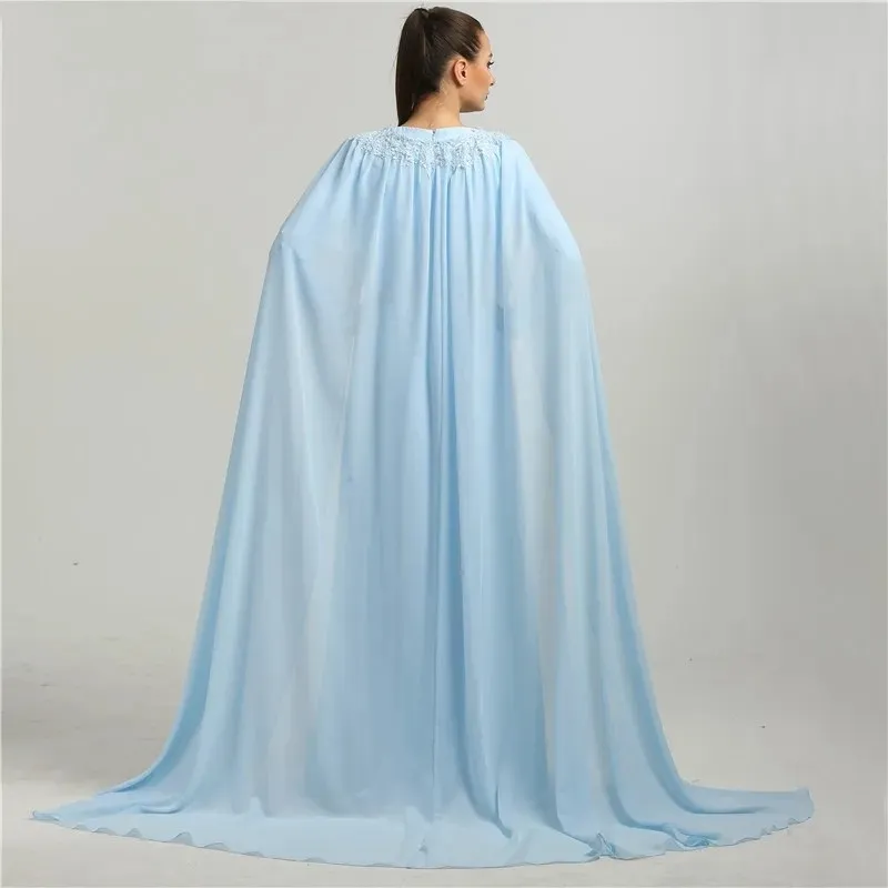 2024 błękitny wieczorowy sukienka na konkurs piękności z rękawy Cap koronkowymi aplikacjami z okrągłym dekoltem szyfonowy muzułmański suknia wieczorowa balowy