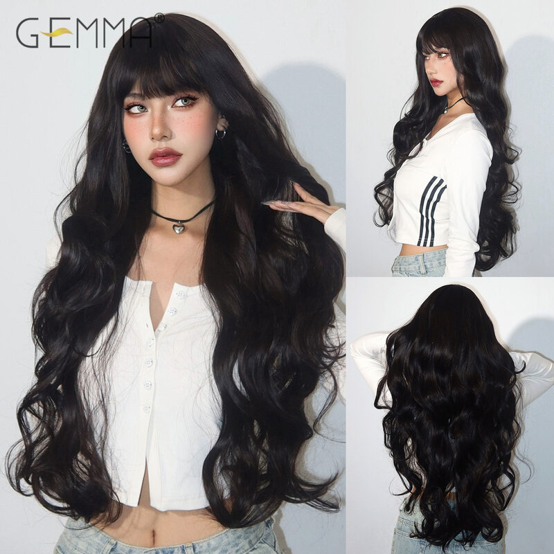 Super Long Wavy Black Wig Synthetic Natural Wave WIgs with Bangs for White Women Heat Resistant Natural Hair Cosplay Daily Wig
