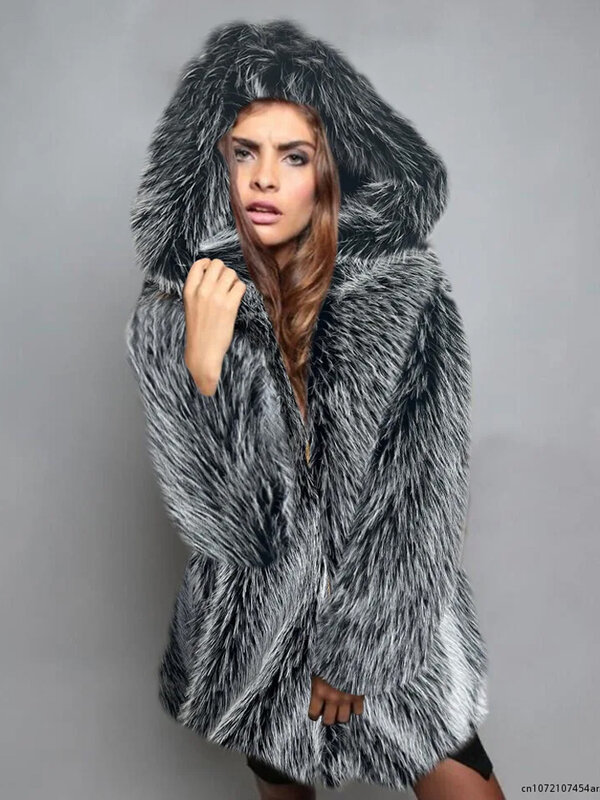 QNPQYX moda zimowa gruba sztuczne futro z lisa futro z kapturem luźna ciepła kurtka dla kobiet o średniej długości ciepły płaszcz dla kobiet
