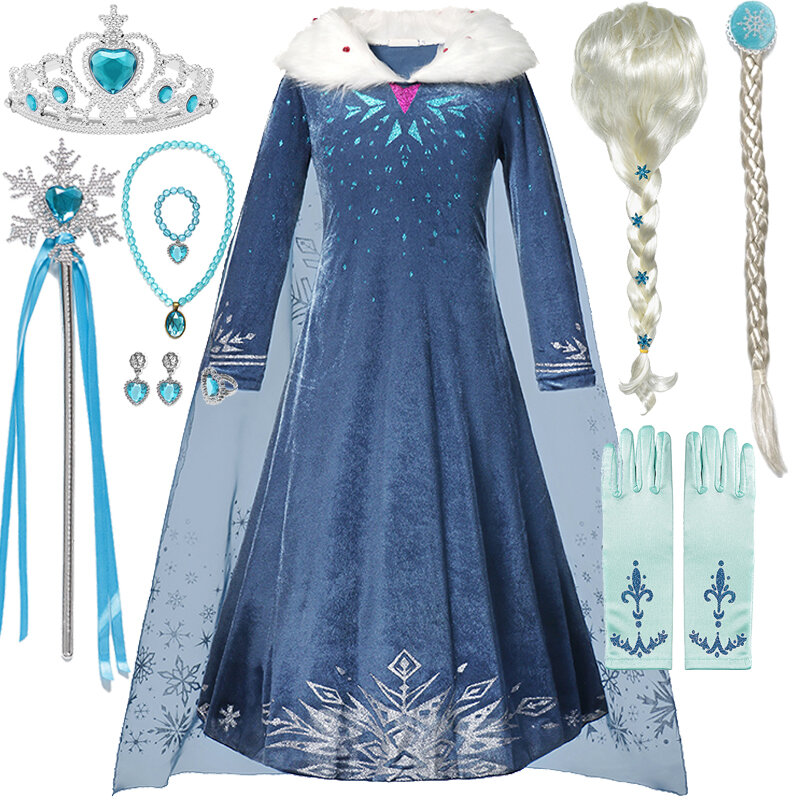 Костюм Эльзы для девочек, платье принцессы, косплей-костюм Снежной Королевы для девочек, зимняя одежда для маленьких девочек, карнавал, подарок на день рождения, искусственная кожа