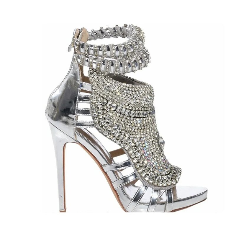 Sandalias de tacón de aguja con diamantes para mujer, zapatos de tacón de aguja con diamantes de imitación, talla grande 47, para fiesta