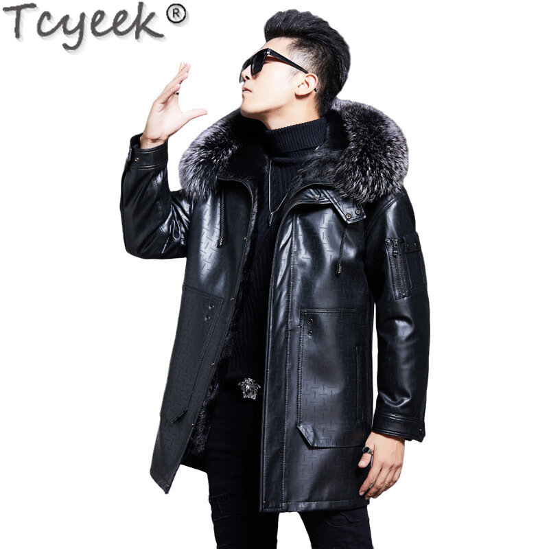 Мужская кожаная куртка средней длины Tcyeek, теплая зимняя куртка из натуральной овечьей кожи с воротником из лисьего меха и капюшоном, пальто из натурального меха