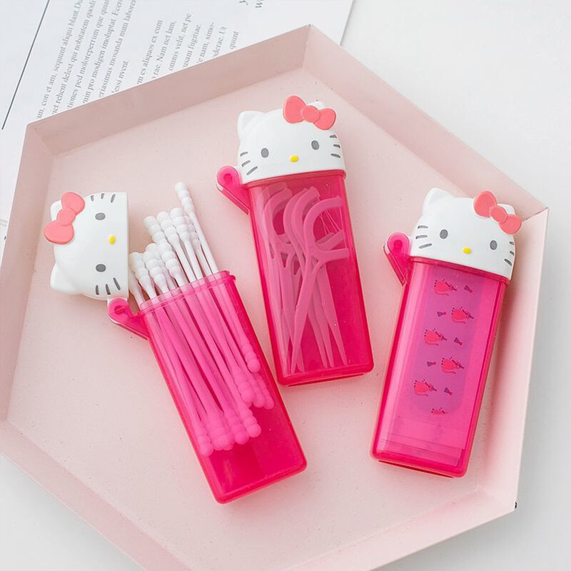 Hello Kitty Mini Tandenstoker Tube Kawaii Anime Kt Cat Draagbare Reis Make-Up Wattenstaafje Opbergdoos Floss Container Met Spiegel