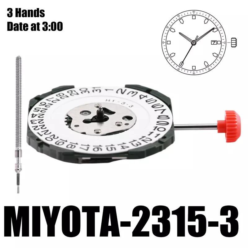Ukuran gerakan Miyota 2315 2315, tinggi 11 1/2 4.15mm akurasi ± 20 detik per bulan 3 Tangan tanggal pada 3:00
