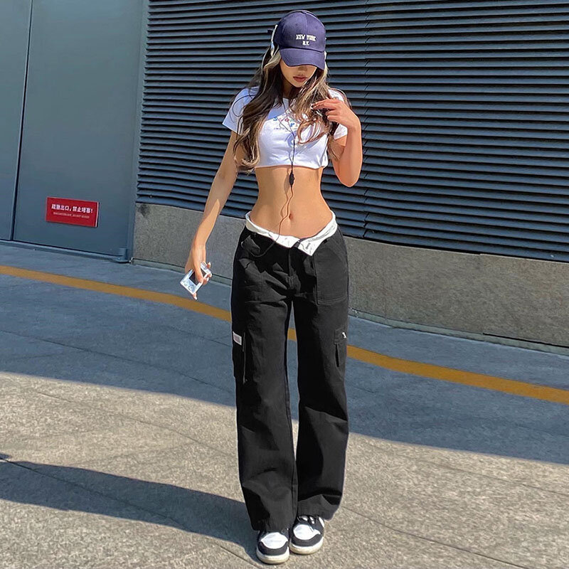 Fashion Women Casual Pants Dark Blue Solid Color Patchwork Straight-leg Cargo Trousers with Multiple Pockets High Y2k Streetwear