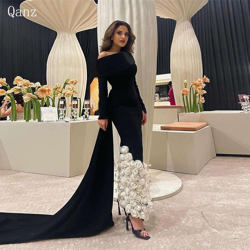Qanz luksusowe suknie wieczorowe Saudi Arabia pełne rękawy satynowe kwiaty formalna okazja dla kobiet długi pociąg Abendkleider Luxus 2024