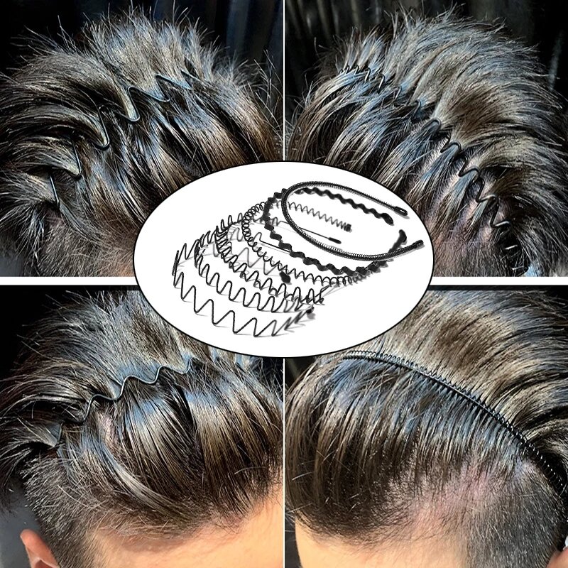 Unisex Metal falista wiosna obręcz do włosów czarny antypoślizgowe boisko sportowe opaski dla kobiet mężczyzn proste Hairband mycie twarzy stroik