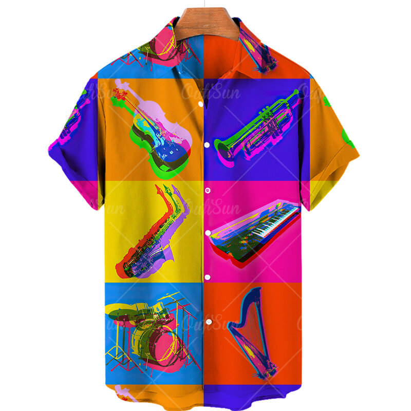 Camicie hawaiane estive per uomo musica chitarra stampata top abbigliamento moda Casual colletto oversize camicette Rock And Roll