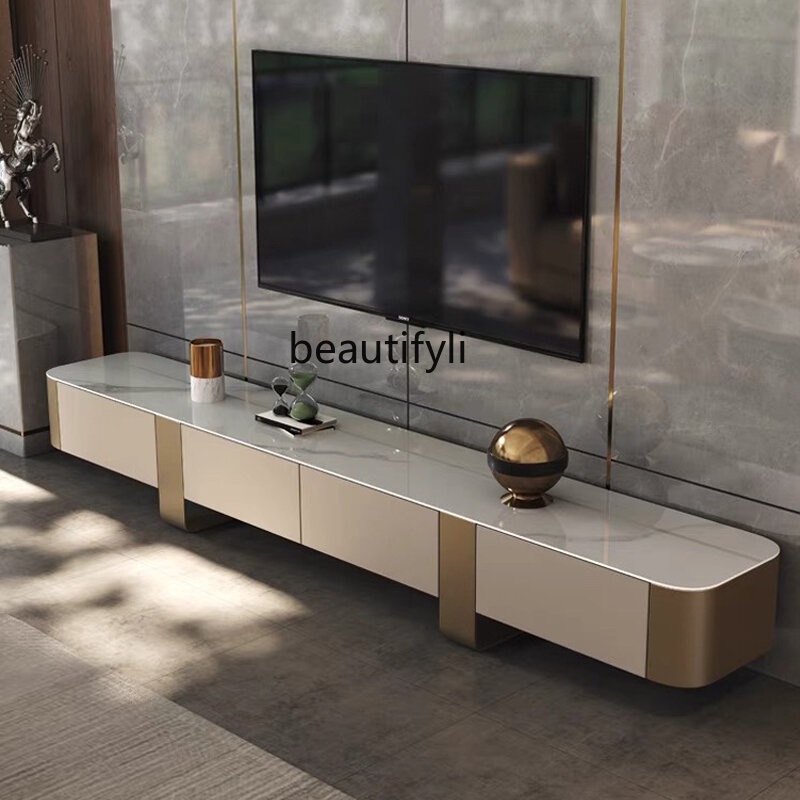 Placa de piedra de lujo de luz italiana, gabinete de TV y mesa de té, soporte de TV de sala de estar combinado