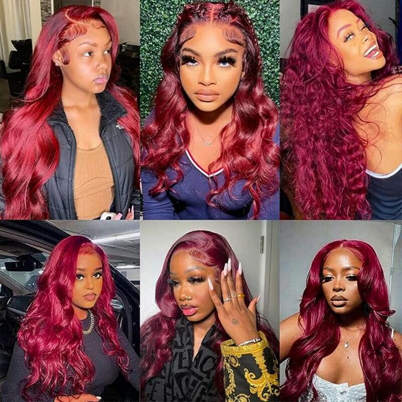 99j Body Wave Burgundy Lace Front Wigs Human Hair 13x4 HD Transparent Lace Front Wigs Human Hair 180% Density Wine Red Wigs
