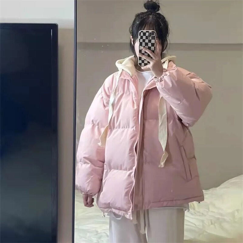 Новинка 2023, модное универсальное зимнее Новое пуховое пальто из хлопка, женское искусственное пальто из двух частей, студенческое свободное хлопковое пальто для хлеба, Корейская серия
