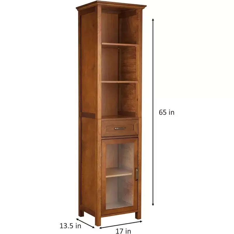 Teamson Home Avery Wooden Bathroom Linen Tower Cabinet with 1 Drawer 3 Adjustable Interior Shelves and 6 Storage Spaces, Oiled O