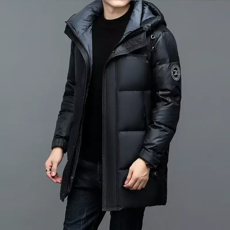 Winter men's mid length autumn/winter 90 white duck down jacket with warm and thickened casual hooded 