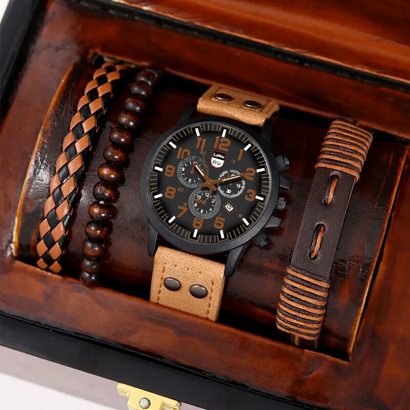 Conjunto de 4 piezas para hombre, reloj de pulsera de cuarzo con correa de cuero, estilo informal, con calendario deportivo militar, a la moda