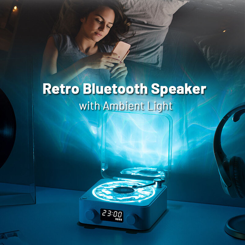 Ruído branco Projeção Bluetooth Speaker, registro de vinil retro, lâmpada atmosfera, portátil, auxílio para dormir vintage, subwoofer com luz RGB