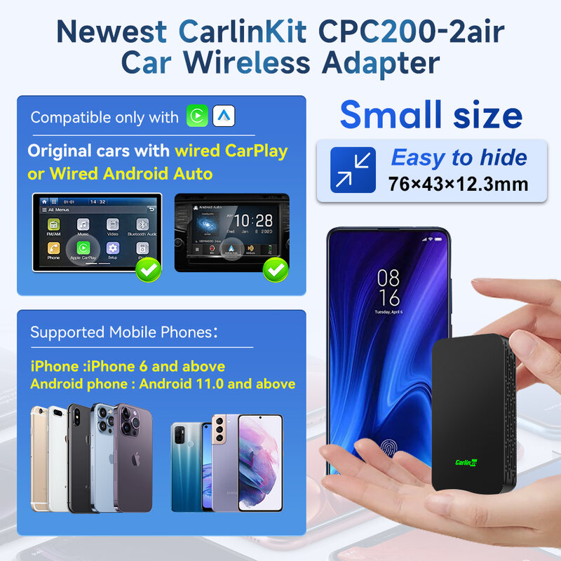 CarlinKit 5.0-Adaptador de CarPlay inalámbrico para coche, dispositivo con cable a inalámbrico, Android, Ai Box, WiFi, Bluetooth, conexión automática, Plug And Play