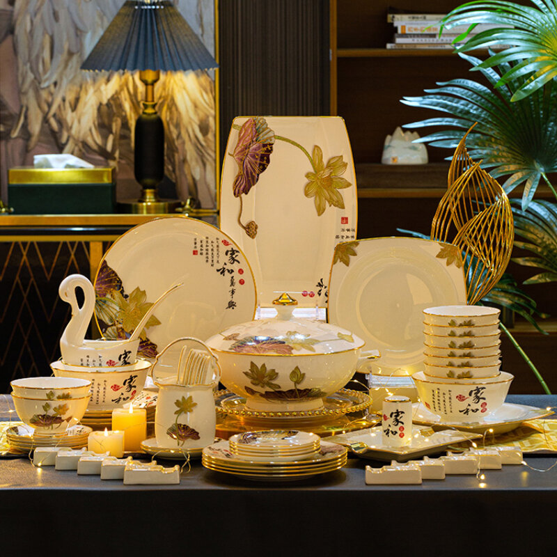 Besteckset, hochwertige Bone China Schalen und Teller, Lotus im chinesischen Stil, leichte Luxus-Haushalts gegenstände