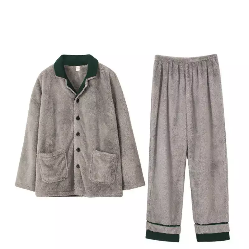 Pijamas de lana de Coral para hombre, ropa de dormir cálida de franela gruesa, conjunto suelto con cuello en V, otoño e invierno, novedad de 2024