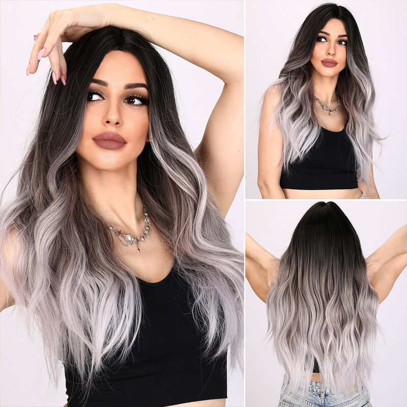 Smilco Gradient Omber Grey Wavy Wigs For Women Synthetic Fiber Curly Wig Lolita Cosplay Daily Party Heat Reisitant Fake Hair