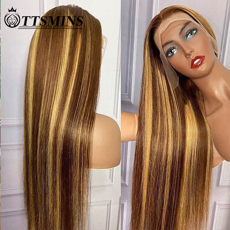 34Inch Bone Straight Highlight Lace Front Human Hair 4/27 Ombre 13x4 Lace Frontal Wigs With Baby Hair Honey Blonde Colored Wigs