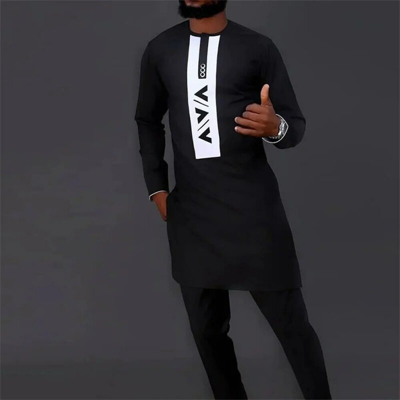 Nowy w męskie zestawy z długim rękawem koszula z nadrukiem i modne spodnie 2-sztuka zestaw Party ślubne elementy afrykańskie etniczne styl męska garnitur