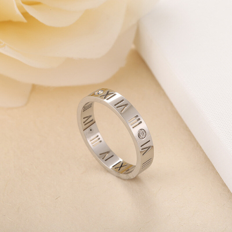 Anillos Vintage de acero inoxidable para hombre y mujer, anillo de boda con números romanos, plata, circonita brillante, joyería de moda, regalo