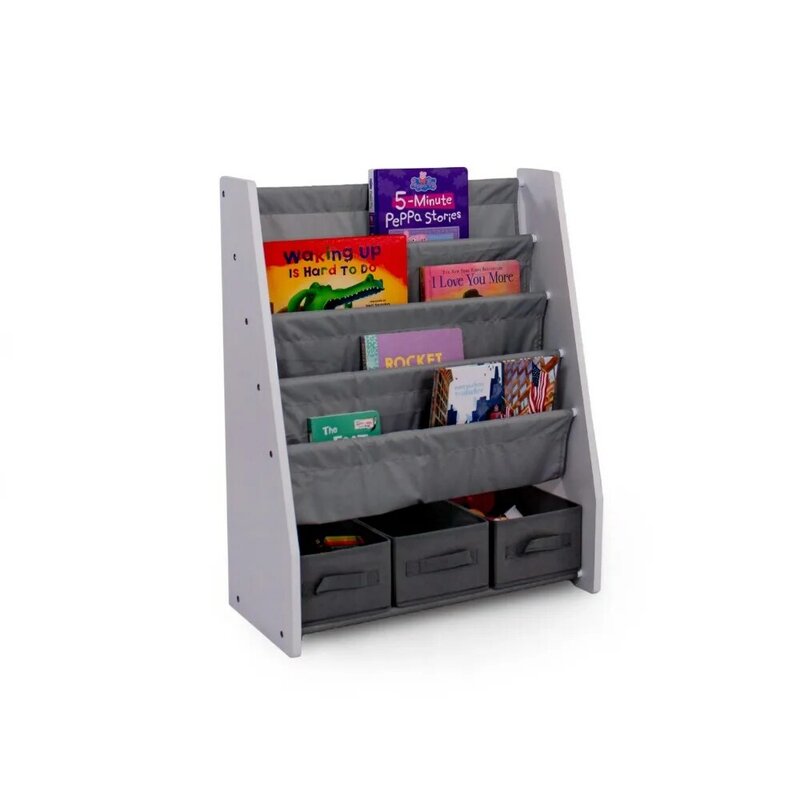 Kids Bookshelf 4 Tier Book Storage and Fabric Bin Organizer, Espresso