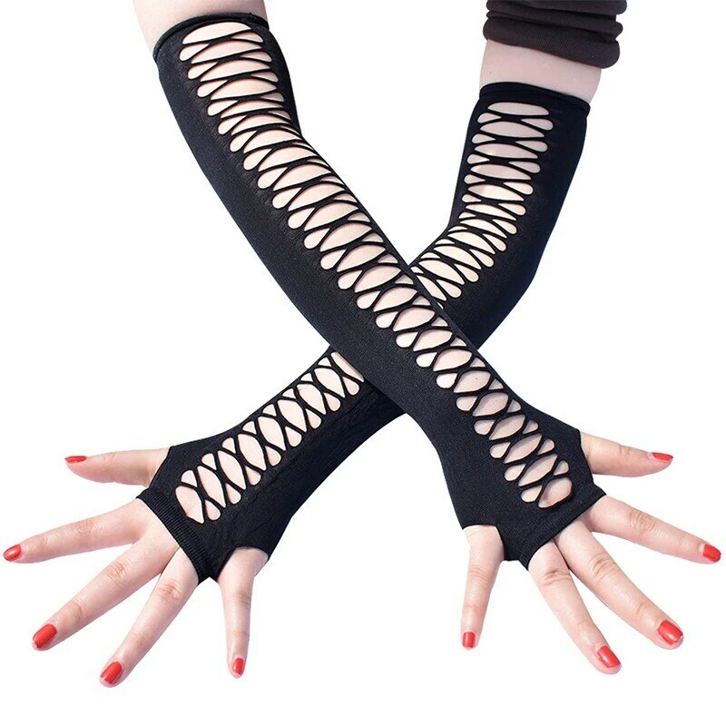Guanti Punk lunghezza gomito donna guanti elastici senza dita guanti Touch Screen ritaglio guanti a rete incrociata costumi Cosplay Party