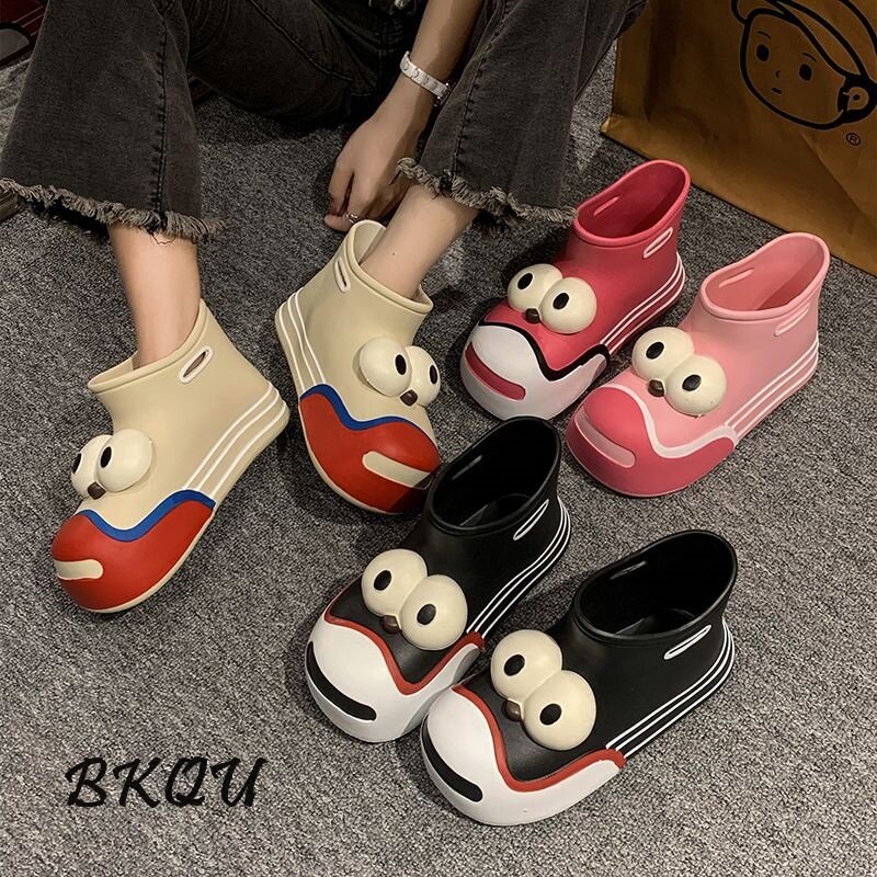 BKQU Cute Funny Big Eyes Rain Shoes Ins High Appearance Level 2024 Spring New Clown Short Outside Wearing Ankle Boots