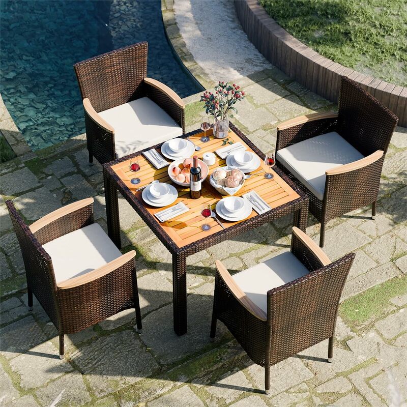 Set teras makan luar ruangan, Set furnitur anyaman dengan meja kayu dan 4 kursi dengan bantal lembut untuk halaman, taman, teras dan Tepi Kolam